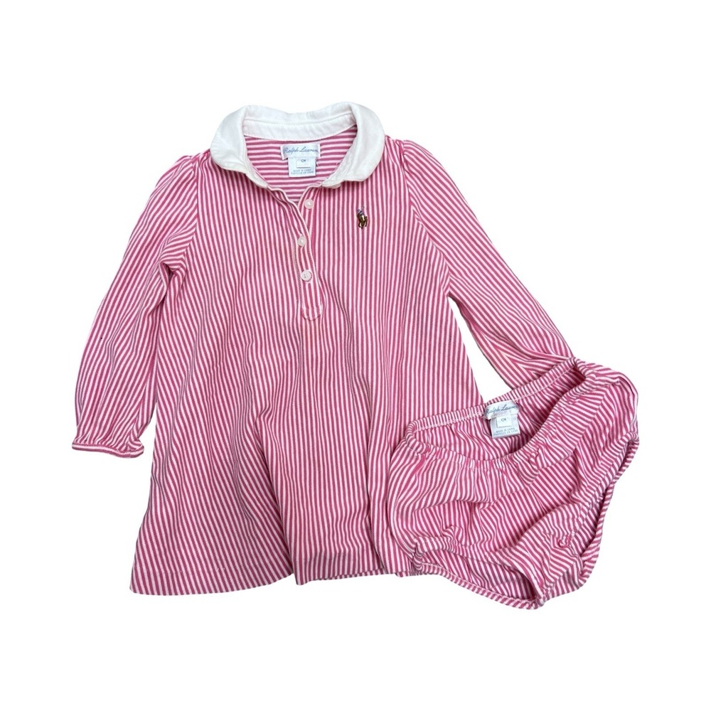 Ralph Lauren Baby Striped Knit Dress w/ Bloomers Girls Size 12m Pink